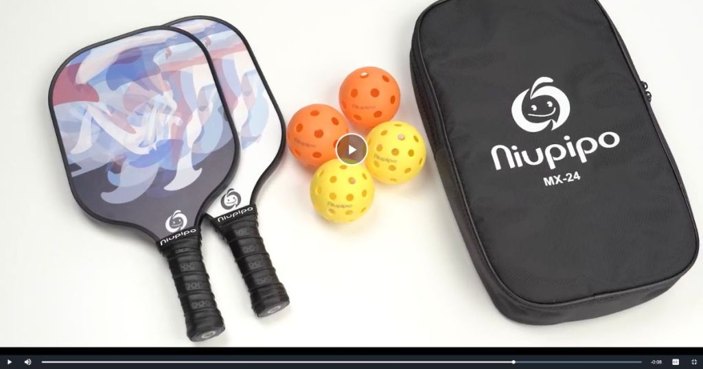 2 colorful pickleball paddles, 2 orange pickleball balls, and 2 yellow pickleball balls, and pickleball carrying bag, 