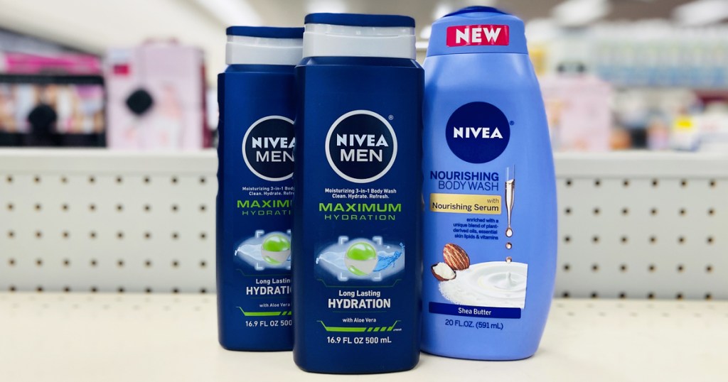 three bottles of nivea body wash on store shelf