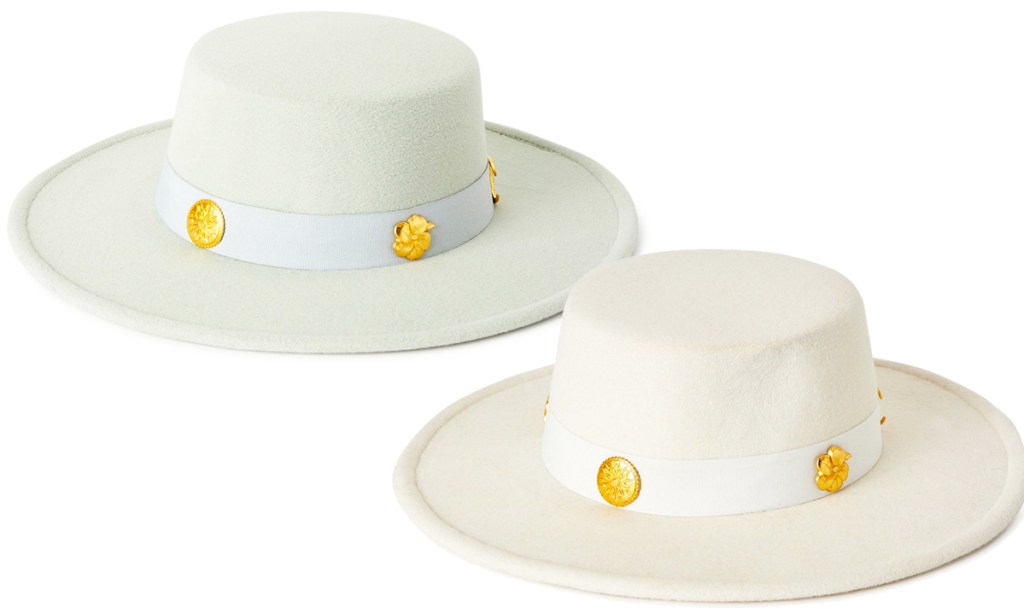 light green and white brim hats with gold stud trim