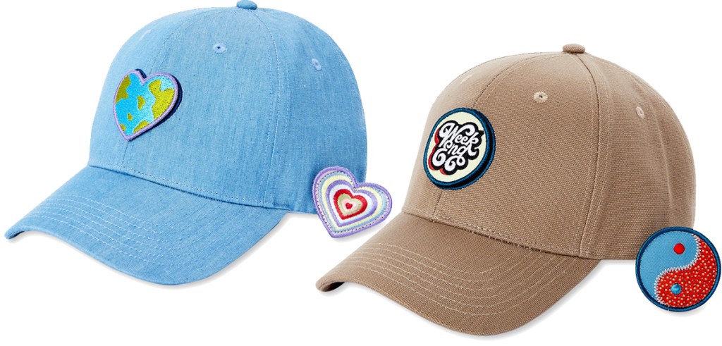blue and brown baseball caps with patches