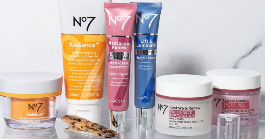 Group of No7 beauty and skincare products on a shelf