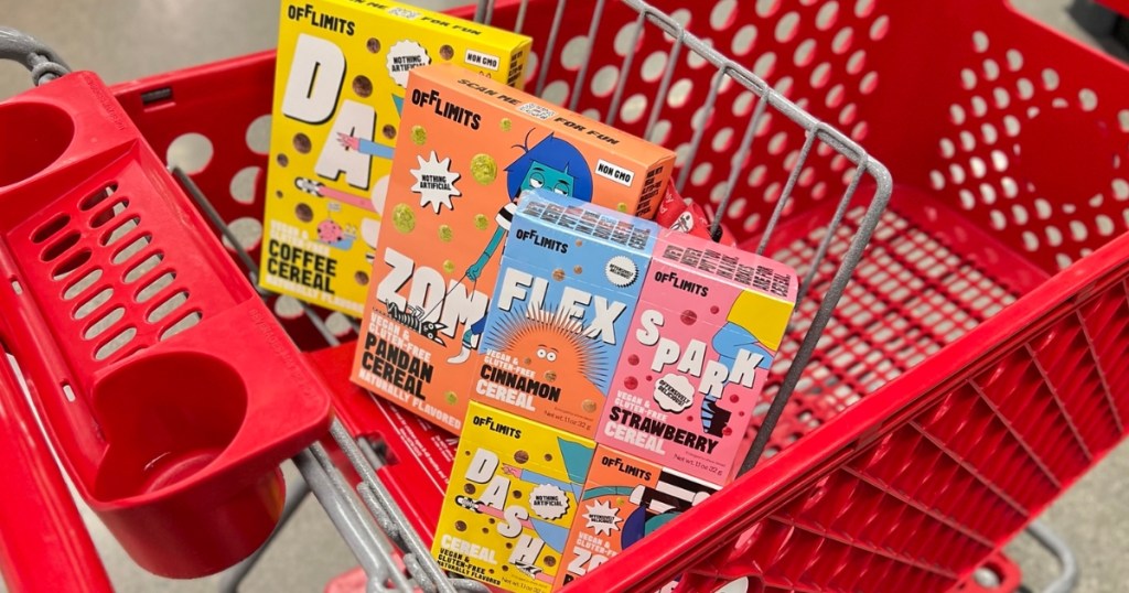 three boxes of offlimits cereal in target shopping cart