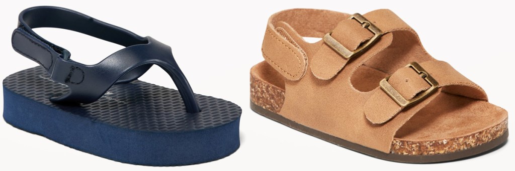 navy blue flip flop and leather sandal