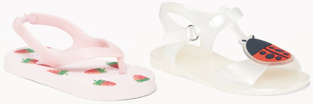 strawberry print flip flops and lady bug jelly sandal