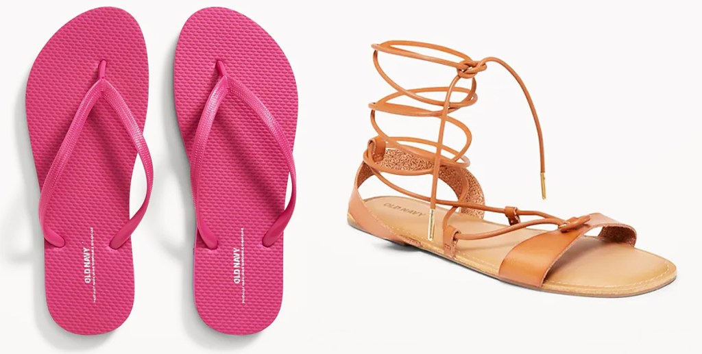 pink flip flops and lather sandals
