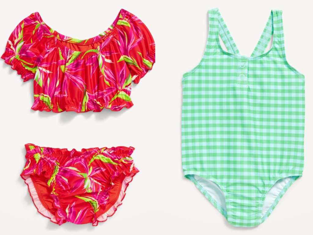 Old navy floral print baby girl bathing suit and checkered print toddler bathing suit