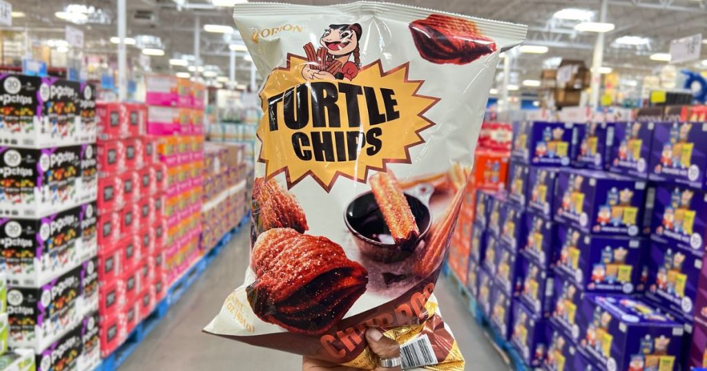 a woman's hand holding a bag of Orion turtle chips choco churros
