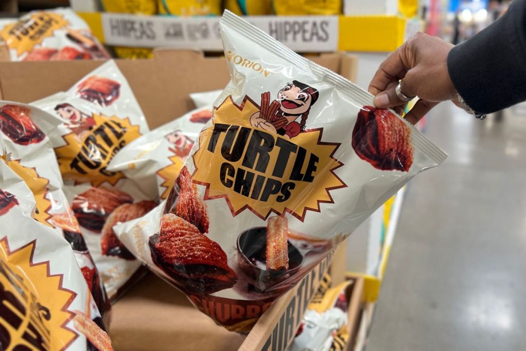 a woman's hand grabbing a bag of Orion turtle chips choco churros off the store shelf