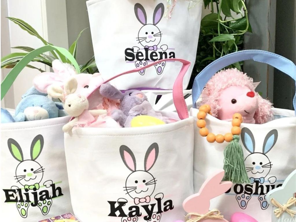 four personalized Easter bags filled with Easter toys