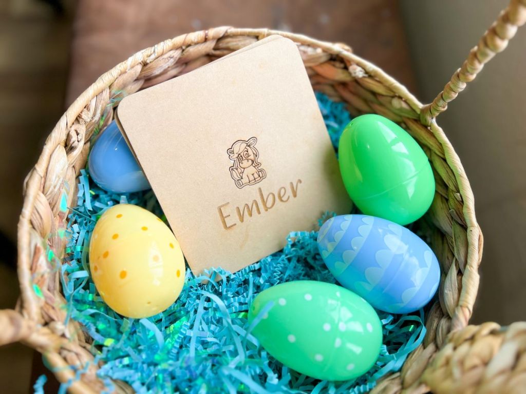 Wooden game in an Easter basket with colorful Easter eggs