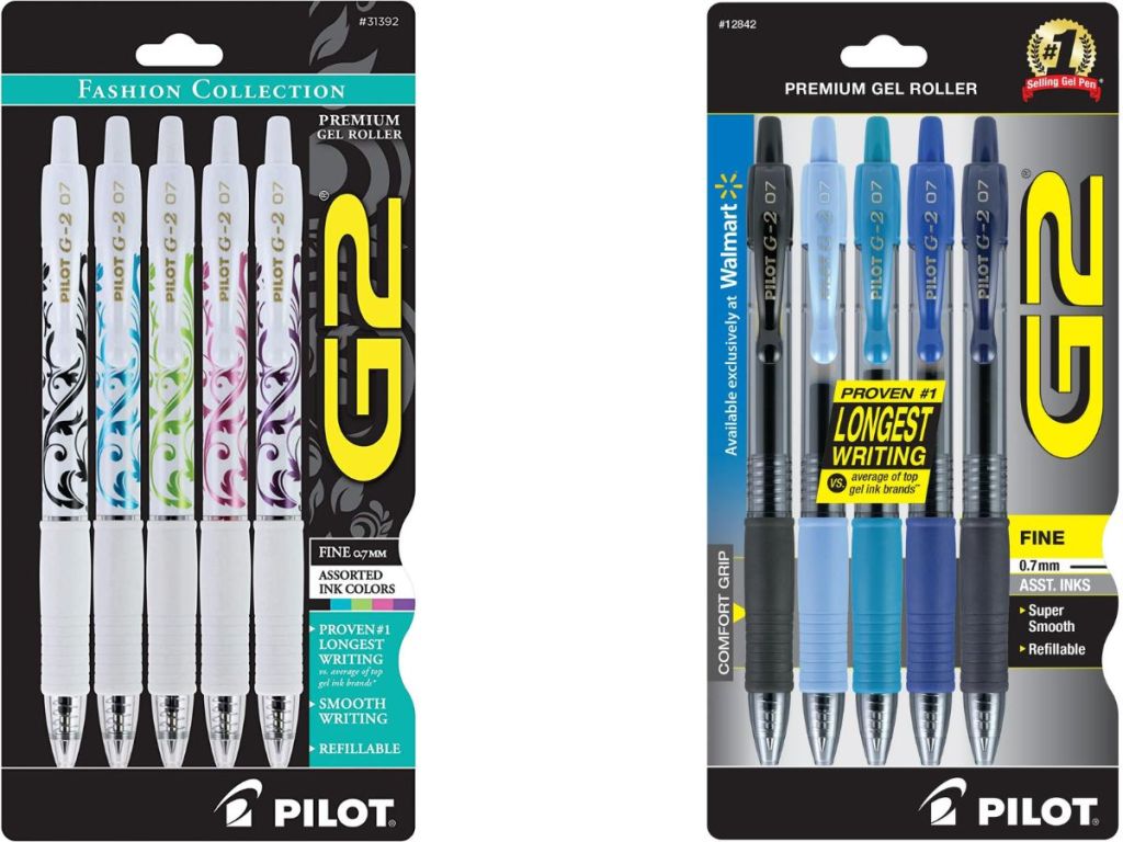 two stock images of Pilot G2 5-count packs of pens