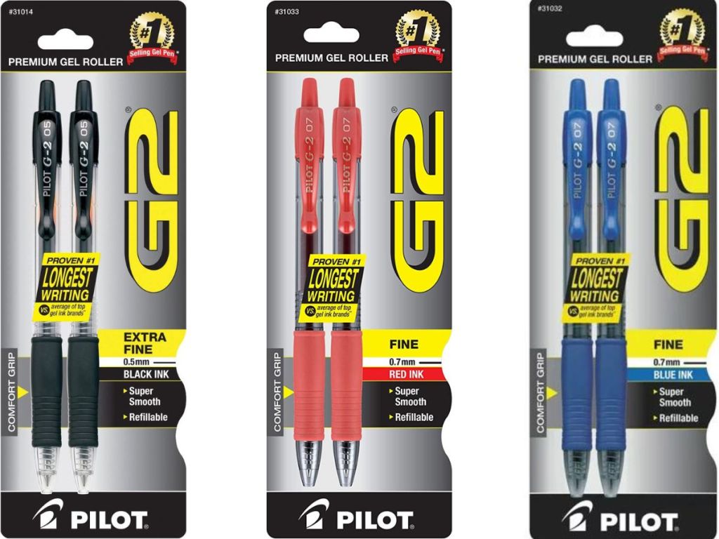 3 2-count packs of Pilot G2 gel pens in black, red or blue ink