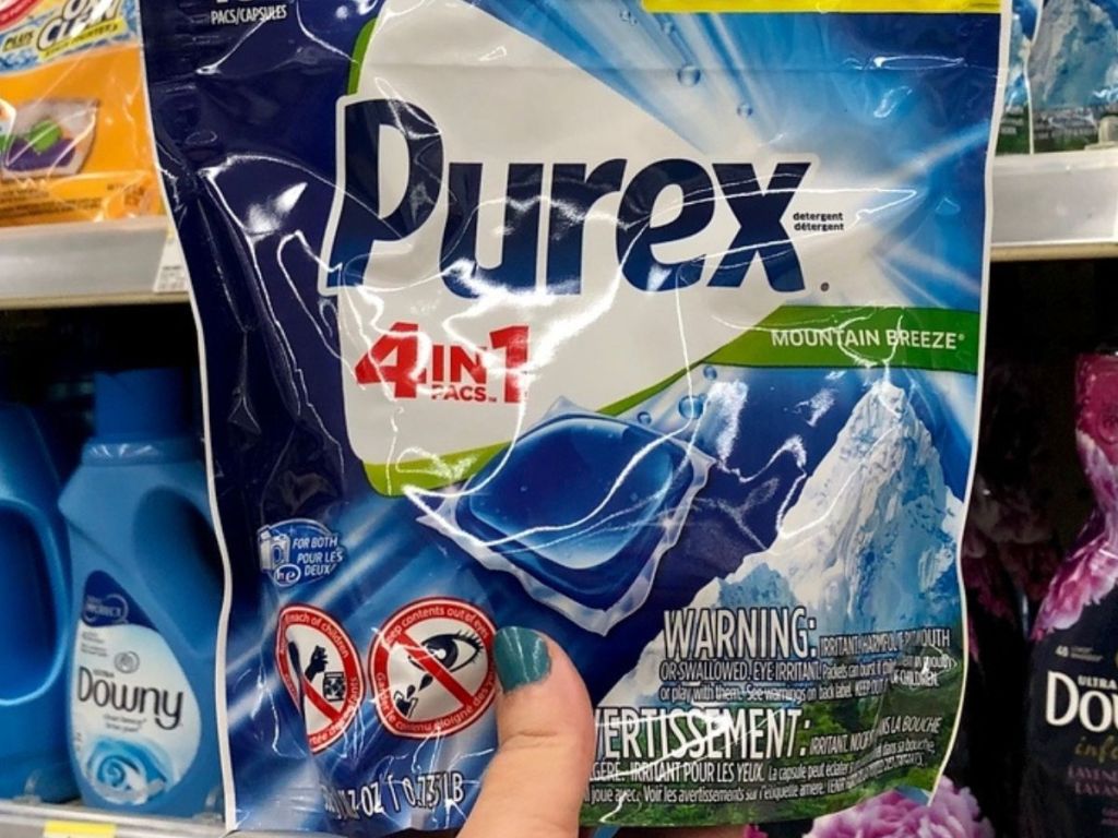 bag of Purex laundry pacs in a hand