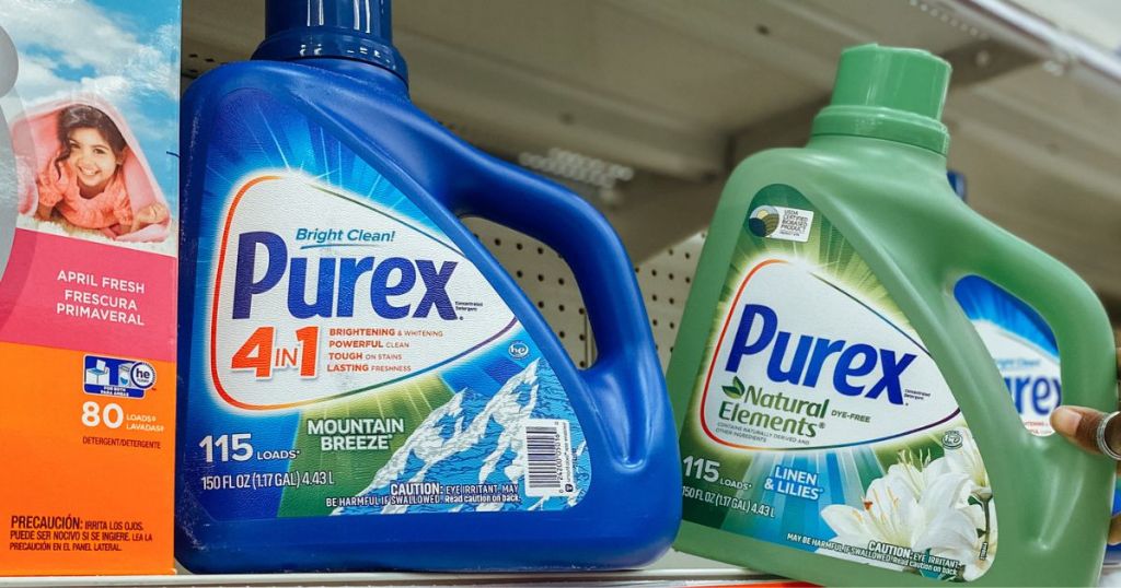Two Huge 150oz Jugs of Purex Laundry detergent on a store shelf