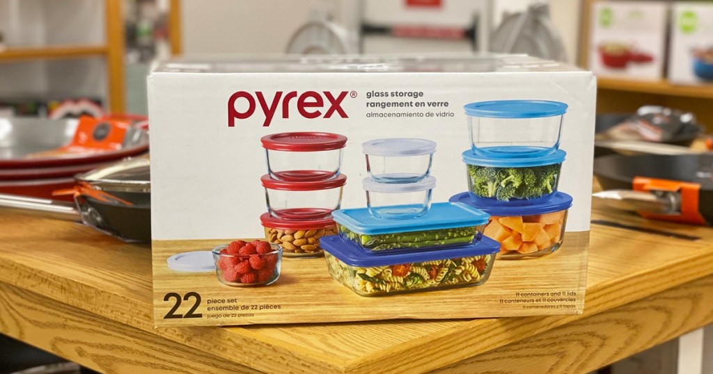 pyrex container set box on a wood display table