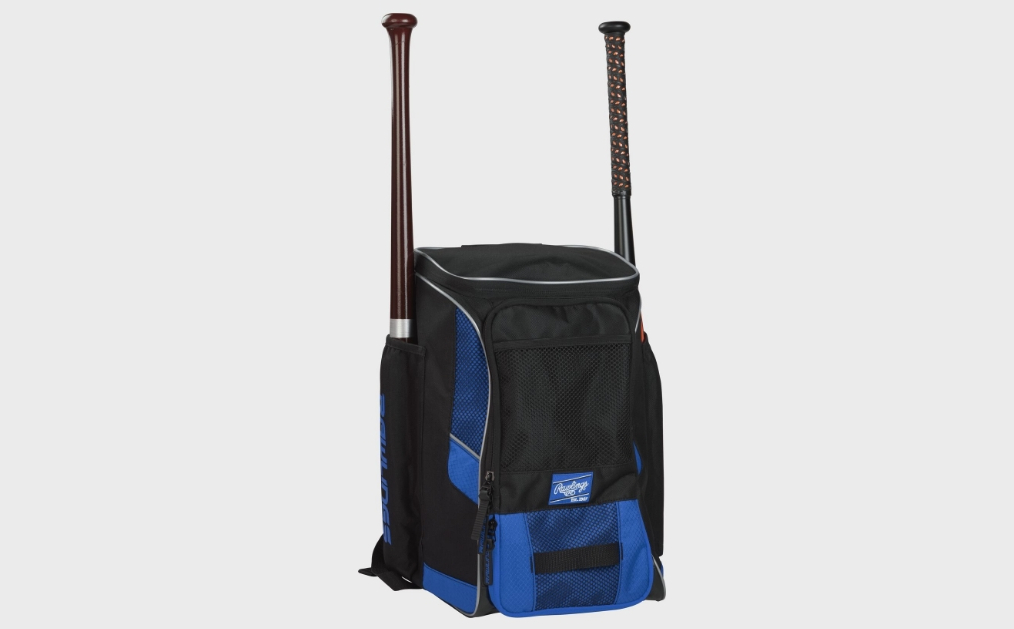 Blue and black backpack with two baseball bats on the sides