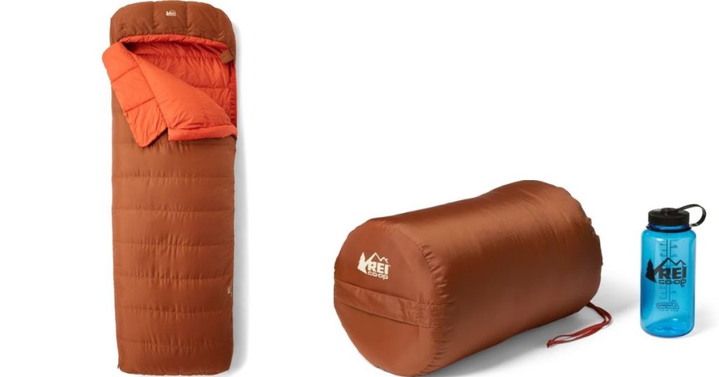 Flat sleeping bag and a sleeping bag in a bag and a water bottle next to it