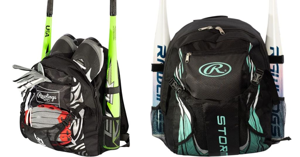 Two rawlings baseball bags with bats in them