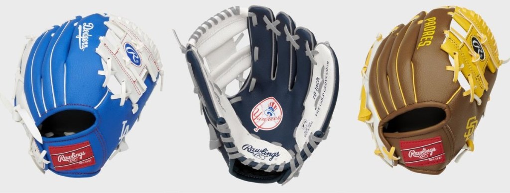 Three baseball gloves with MLB teams on them