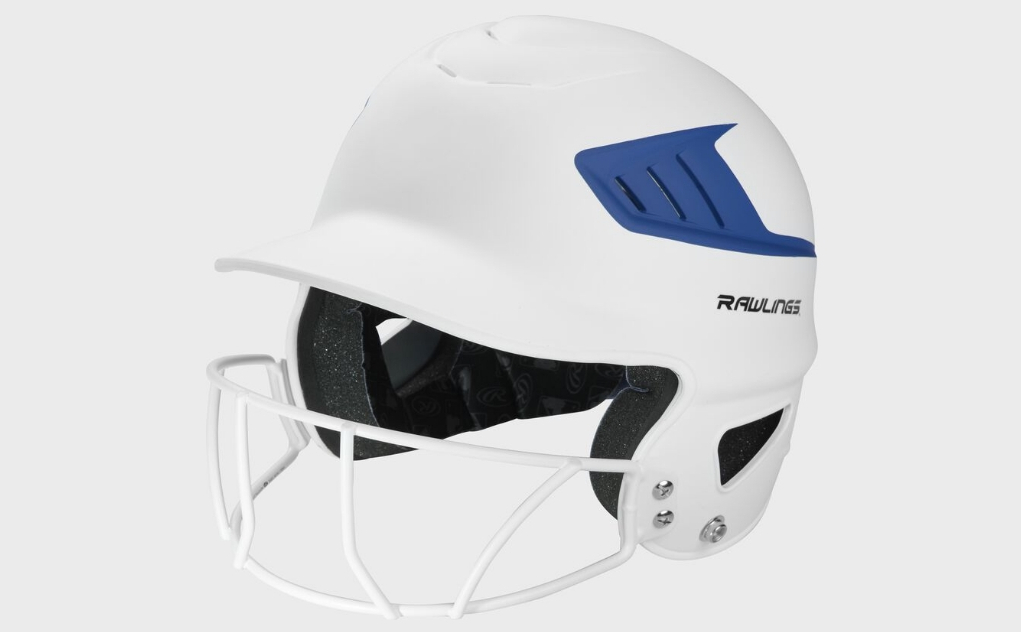 White and blue softball helmet with face guard