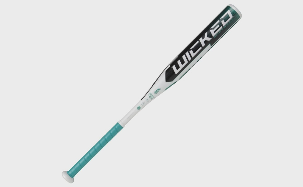 Teal, white and black softball bat that says Wicked on it