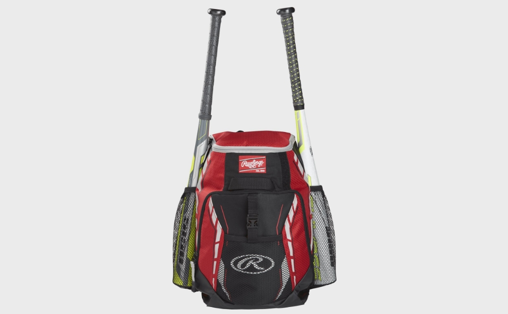 Red and black backpack with two baseball bats on the side