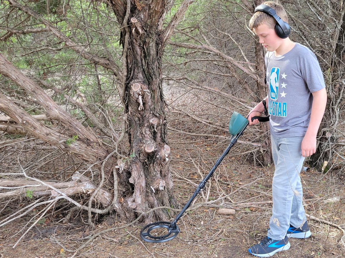 boy using a Ricomax Metal detector near a tree