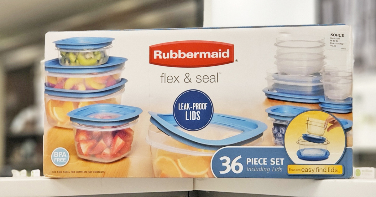 Rubbermaid 36-Piece Flex & Seal Food Storage Set on white shelf