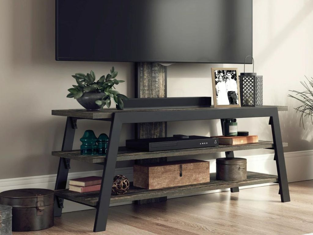Sauder Farmhouse style TV stand with mount for TV built onto it