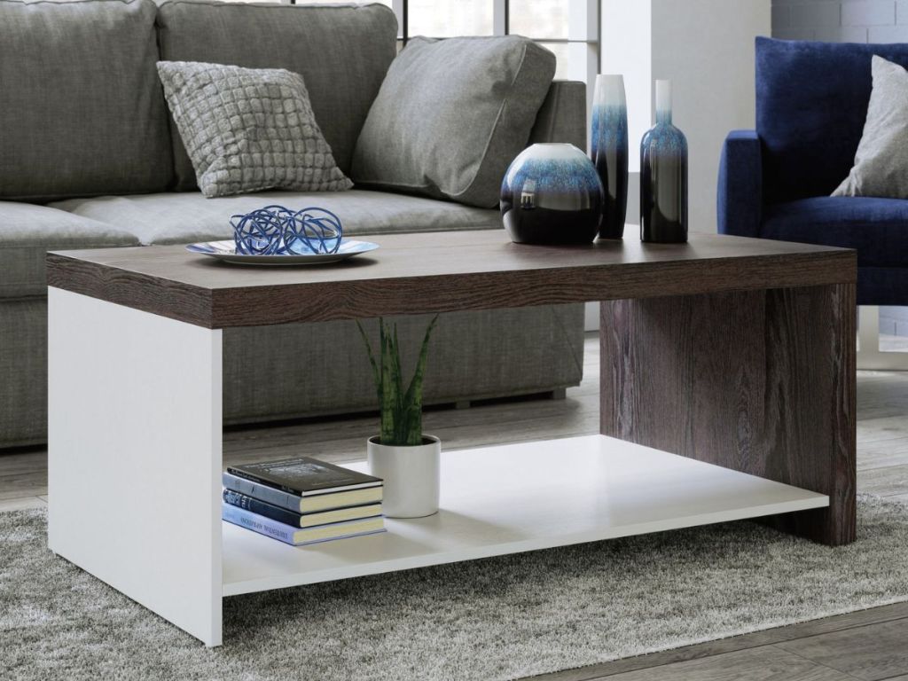 Sauder modern coffee table in front of a couch