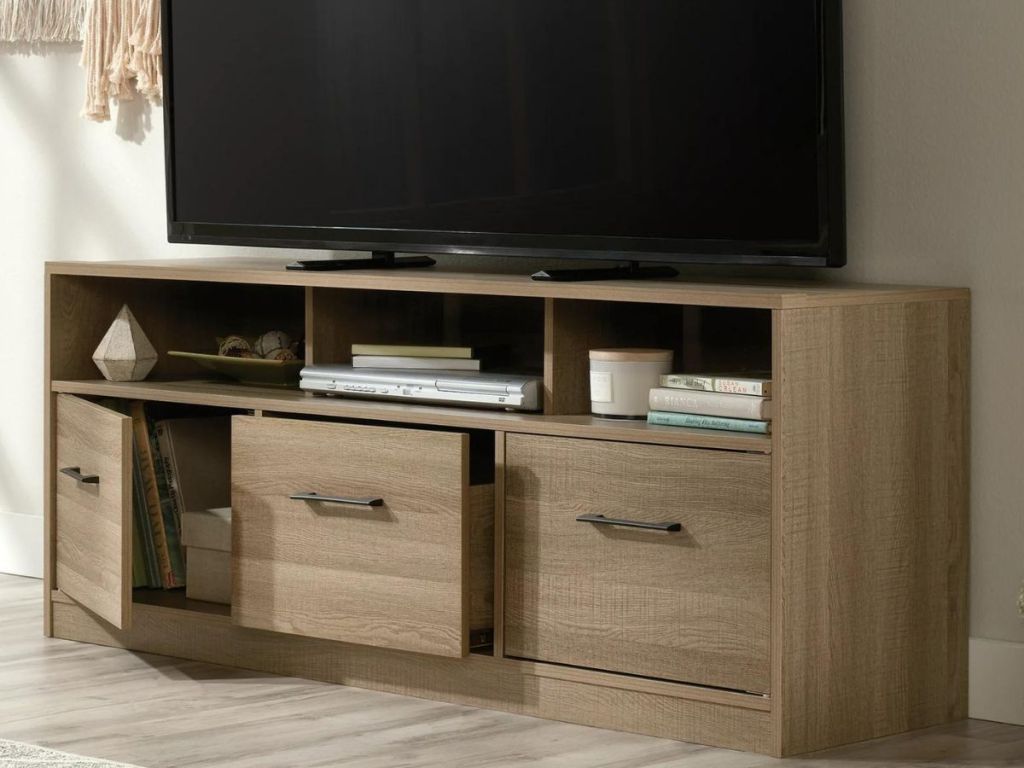 Sauder beginning TV stand with shelves and 3 drawers built in for storage