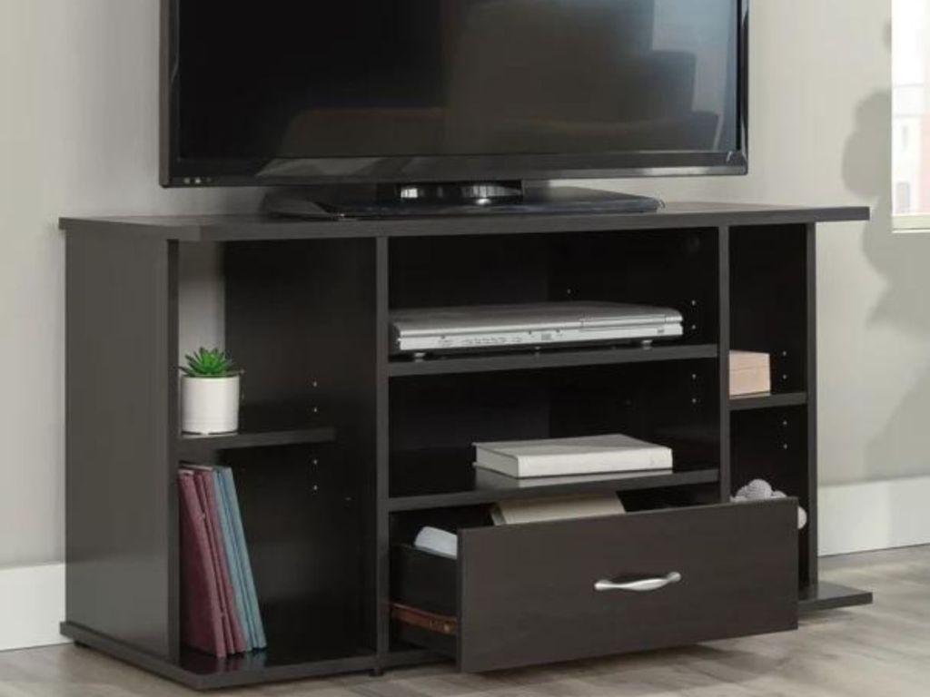 Sauder TV Stand with shelves and drawer for storage