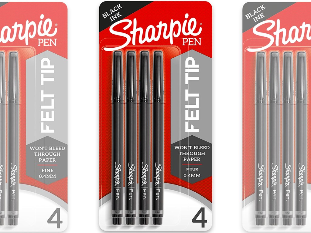 three packs of black sharpie pens