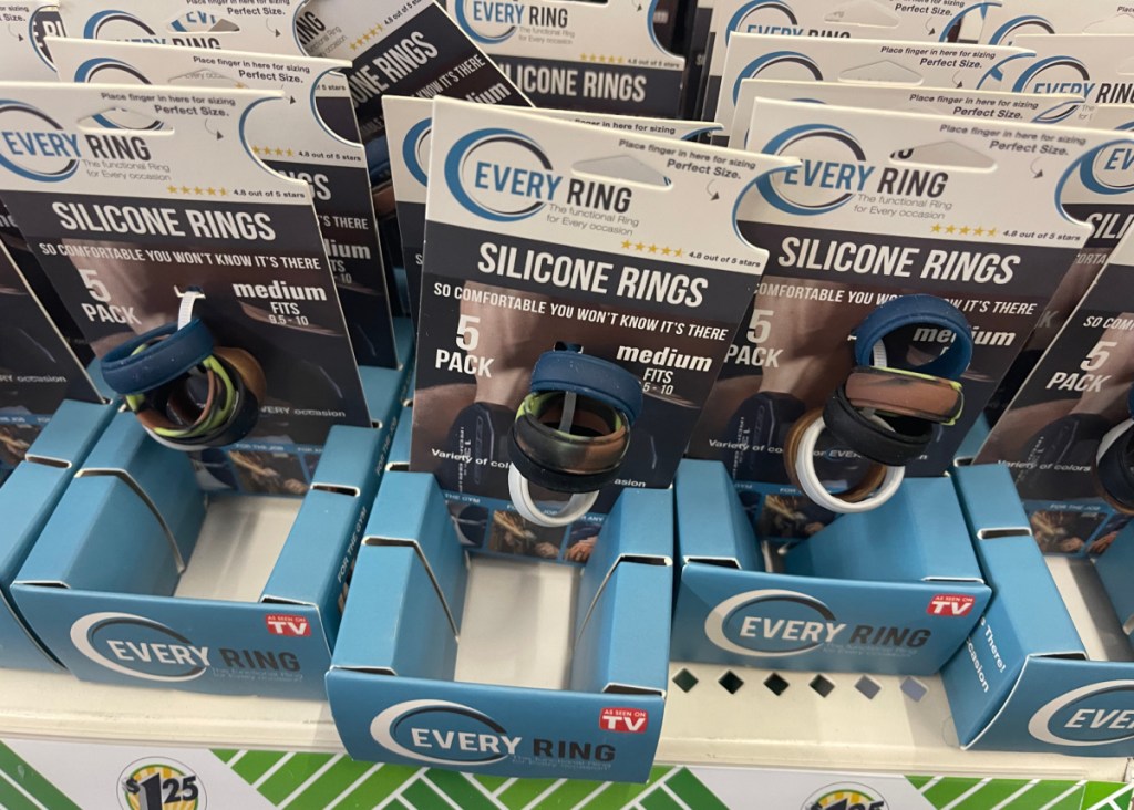 5-packs of silicone rings displayed on the Dollar Tree shelf