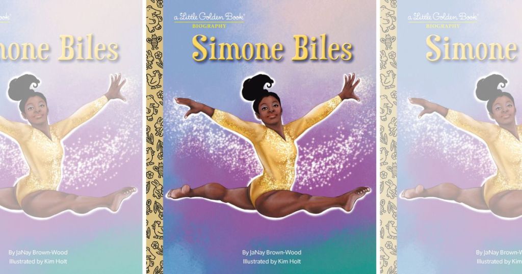 Three images of the cover of the Simone Biles Little Golden Book