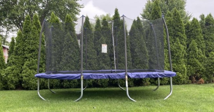 rectangle trampoline with safety enclosure in a backyard