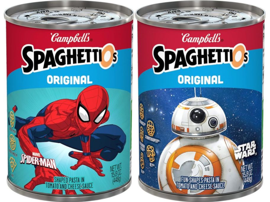 2 cans of SpaghettiO Spiderman and Star Wars
