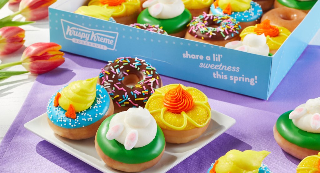 Spring Minis krispy Kreme collection displayed in a box and on a plate
