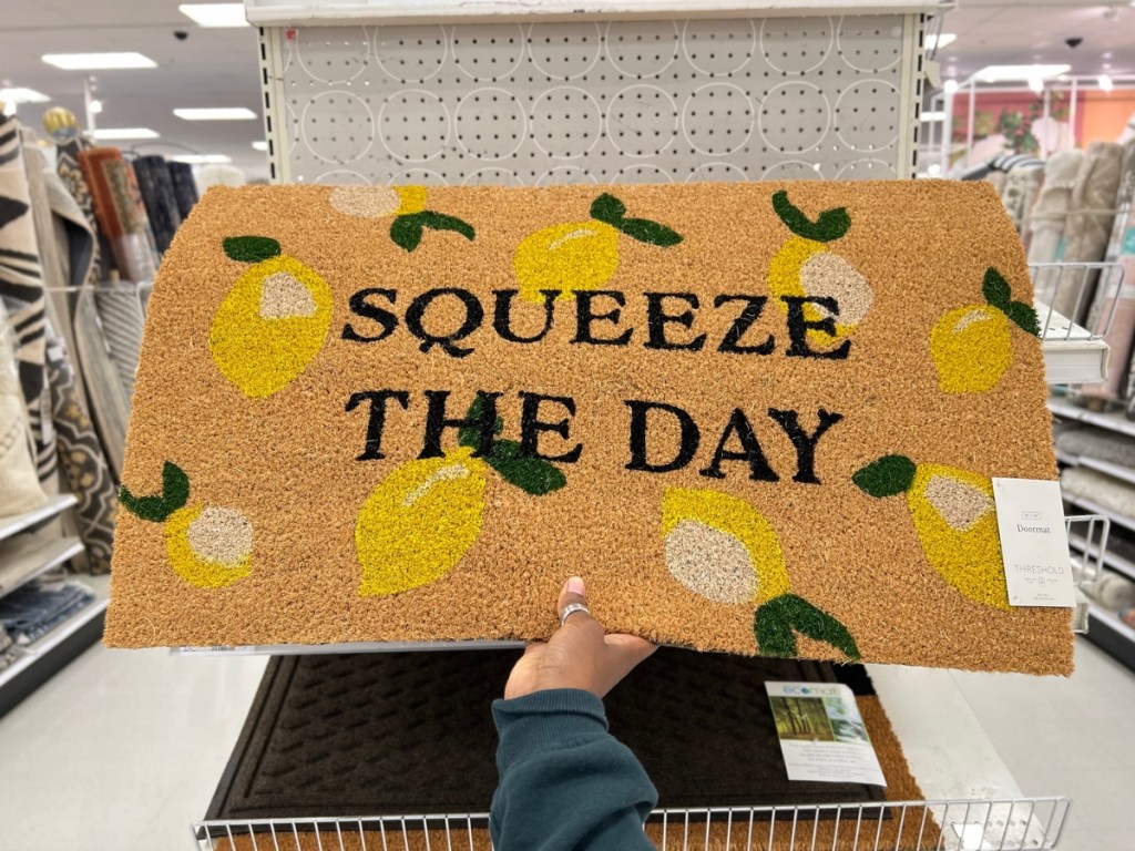 cute squeeze the day doormat with lemons in store