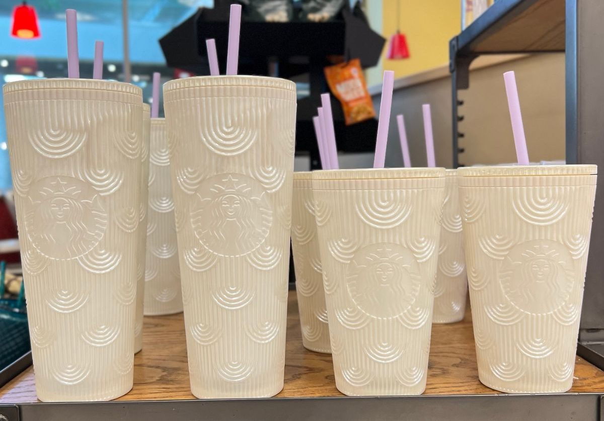 Starbucks white Cold Cups on a shelf at Target