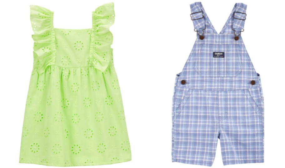 Stock image of carters kids green dress and plaid shortalls