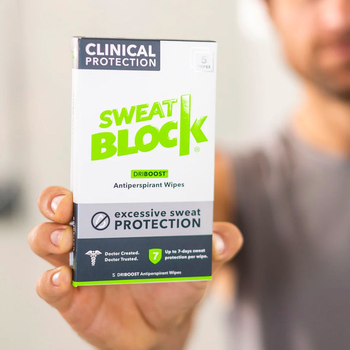 a mans handing holding box of Sweatblock 5 pack anti sweat wipes