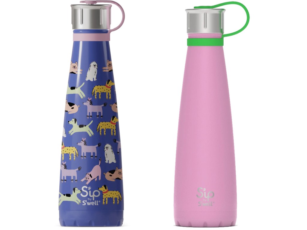 dog print and solid pink metal water bottles