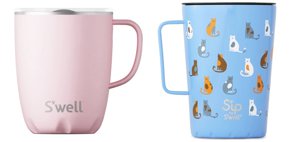 solid pink mug and blue mug with dog print