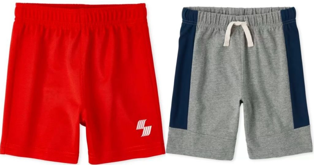 red boys shorts and gray and blue boys tie shorts