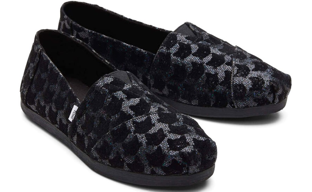 glittery black toms shoes with black cats print