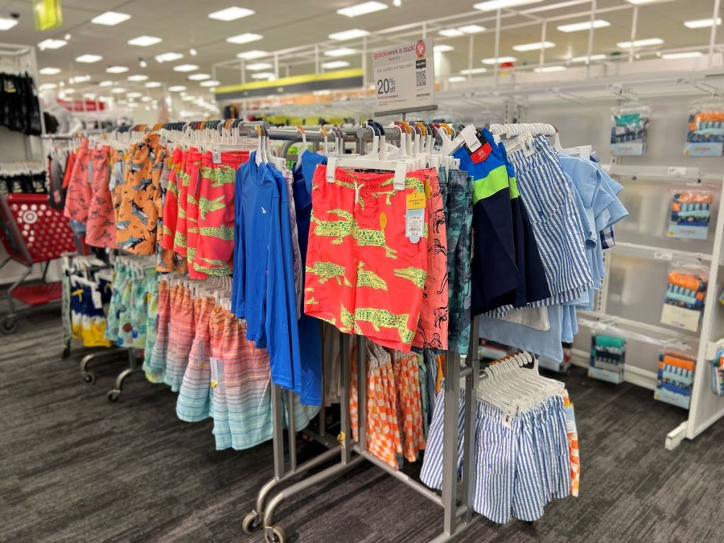 Display of boys swimwear at Target