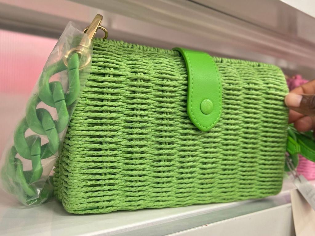 Woven crossbody Shoulder bag in bright lime green on shelf at Target
