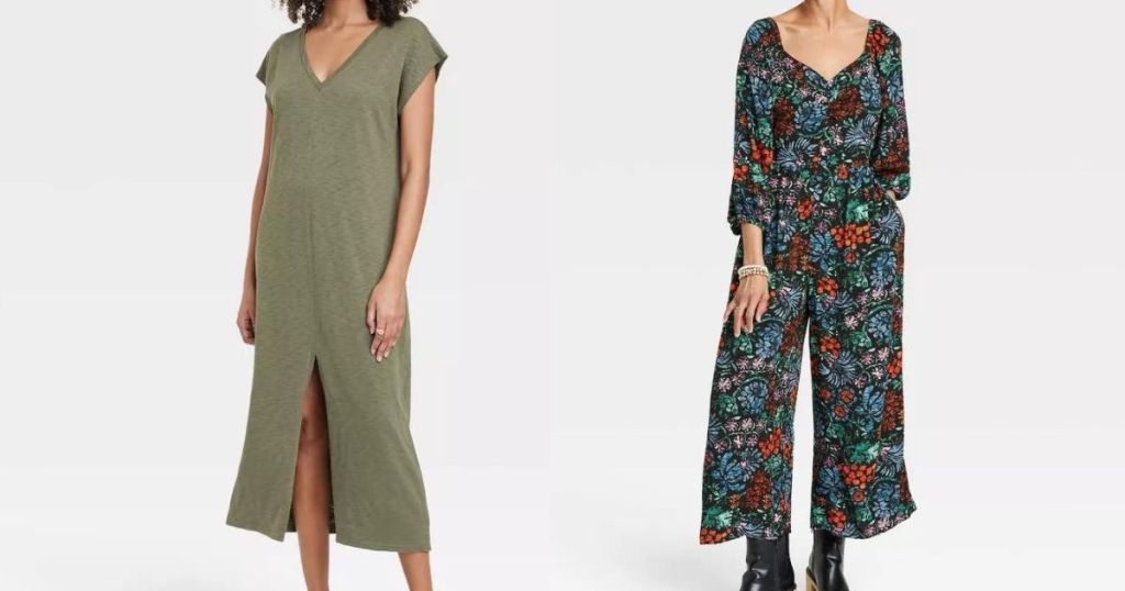 Woman in a long green dress and a woman in a floral jumpsuit