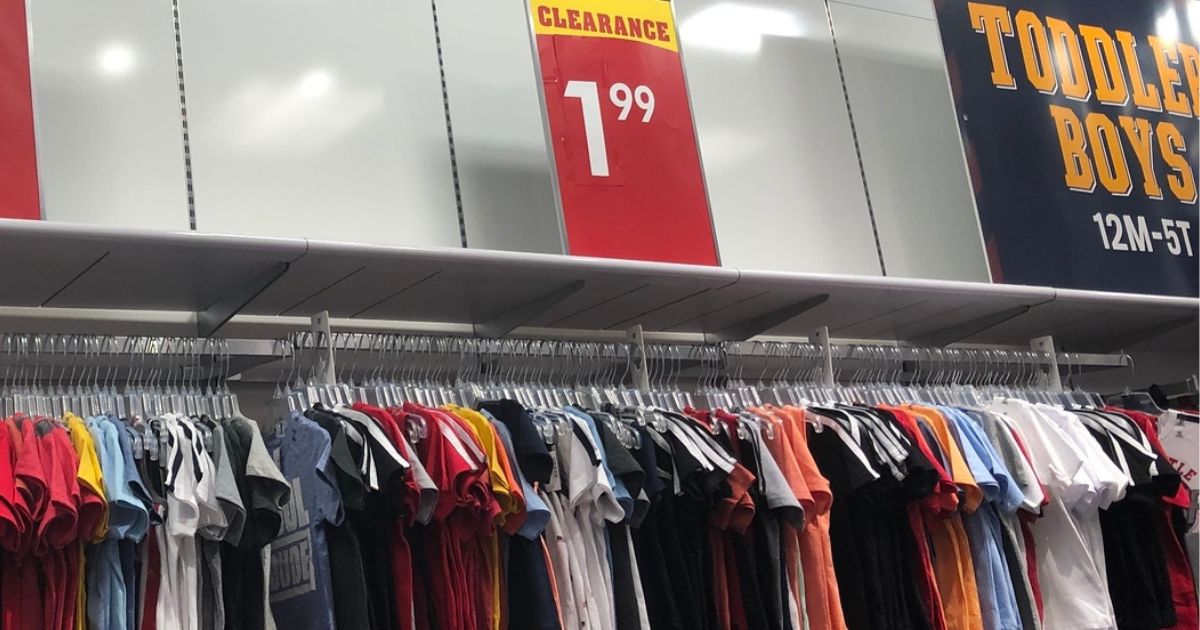 Clearance racks at The Children's Place with signs saying $1.99